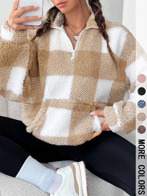 SAVANNAH™ - Stylish Plaid Print Half-Zip Long-Sleeve Sweatshirt