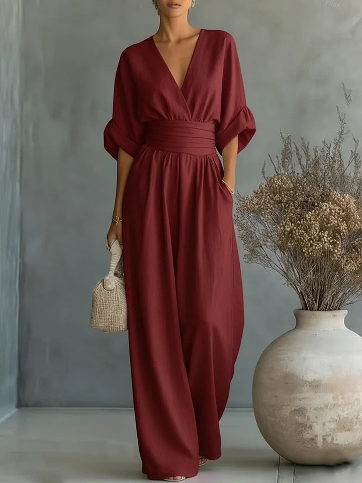 Slimelle | V-Neck Wide-Leg Jumpsuit