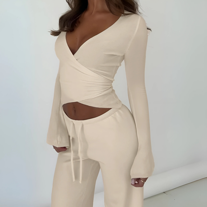 LETISA™ - Chic V-Neck Long-Sleeve Top and Pants Set