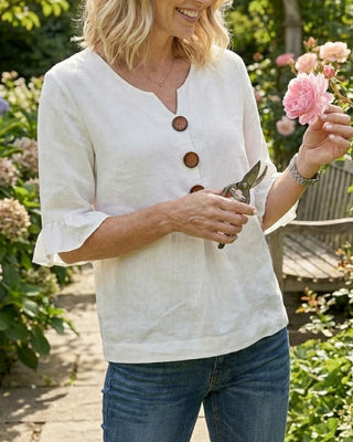 Mariana | V-Neck Blouse with Wooden Buttons and Ruffled Sleeves