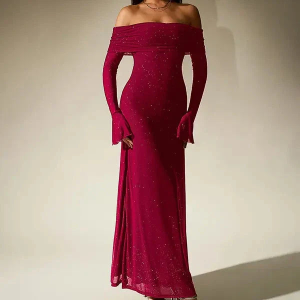 ANDREA™ - Women's Off-The-Shoulder Ruched Contrast Sequin Bodycon Dress