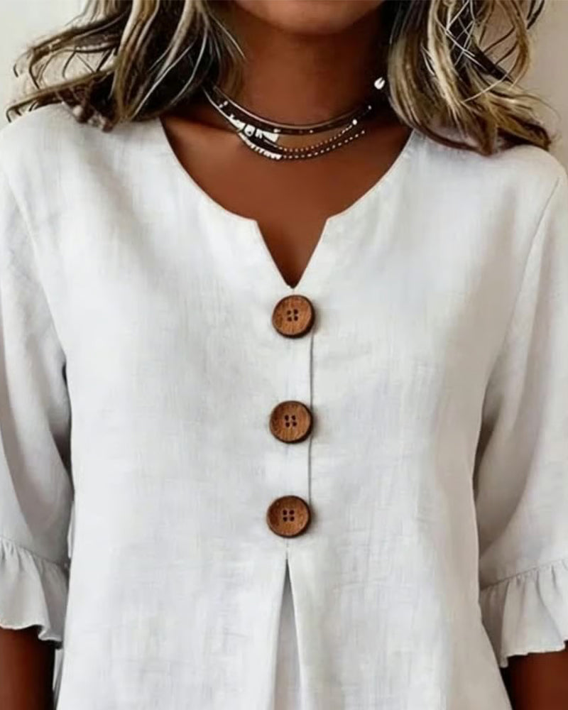 Mariana | V-Neck Blouse with Wooden Buttons and Ruffled Sleeves