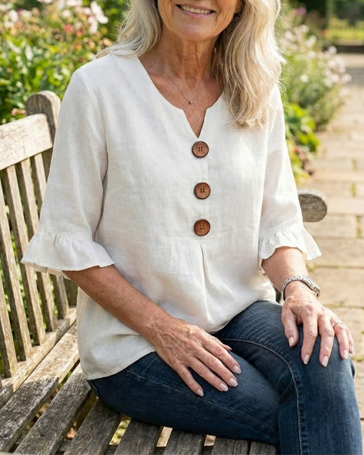 Mariana | V-Neck Blouse with Wooden Buttons and Ruffled Sleeves