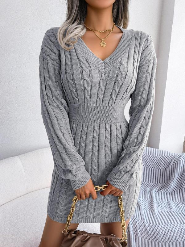 HOLLY™ - Cozy Long-Sleeve V-Neck Cable Knit Sweater Dress