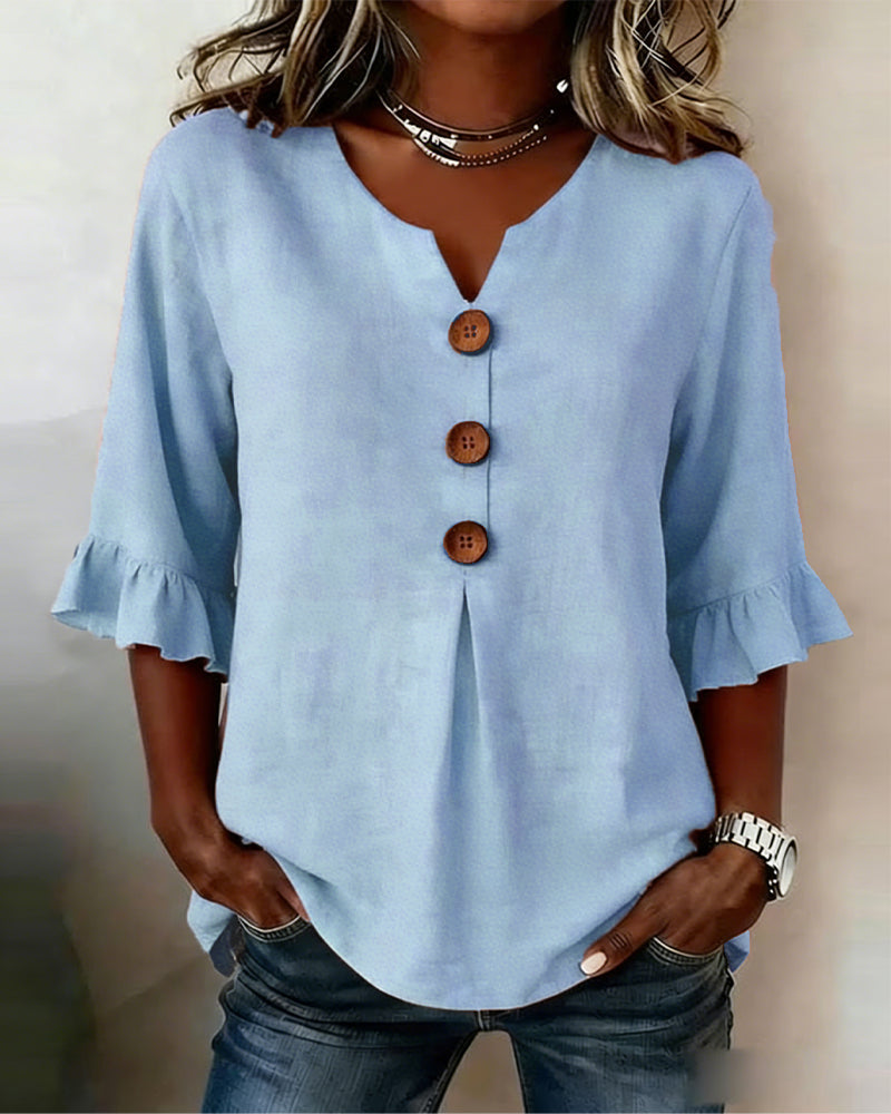 Mariana | V-Neck Blouse with Wooden Buttons and Ruffled Sleeves