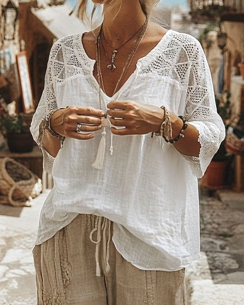 Mariela | Blouse with V-Neck and Lace Detail