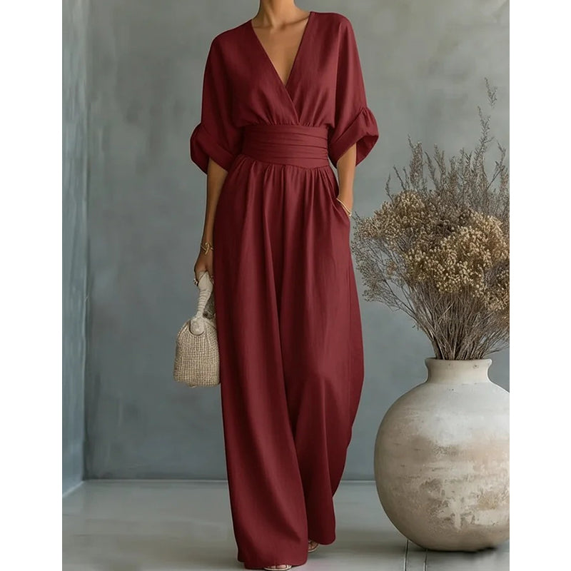 Slimelle | V-Neck Wide-Leg Jumpsuit