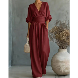 Slimelle | V-Neck Wide-Leg Jumpsuit