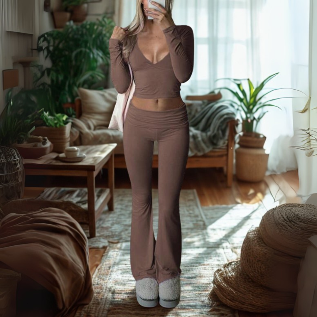 SINA™ - Casual V-Neck Long-Sleeve Crop Top and Pants Set
