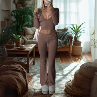 SINA™ - Casual V-Neck Long-Sleeve Crop Top and Pants Set