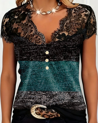 Elsa | V-Neck T-Shirt with Lace and Colour Patchwork