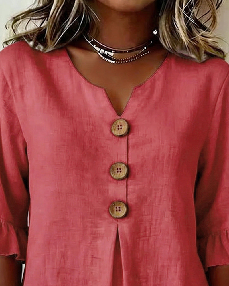 Mariana | V-Neck Blouse with Wooden Buttons and Ruffled Sleeves