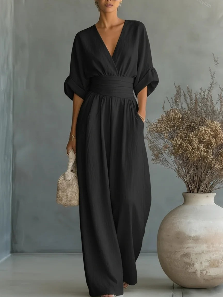 Slimelle | V-Neck Wide-Leg Jumpsuit