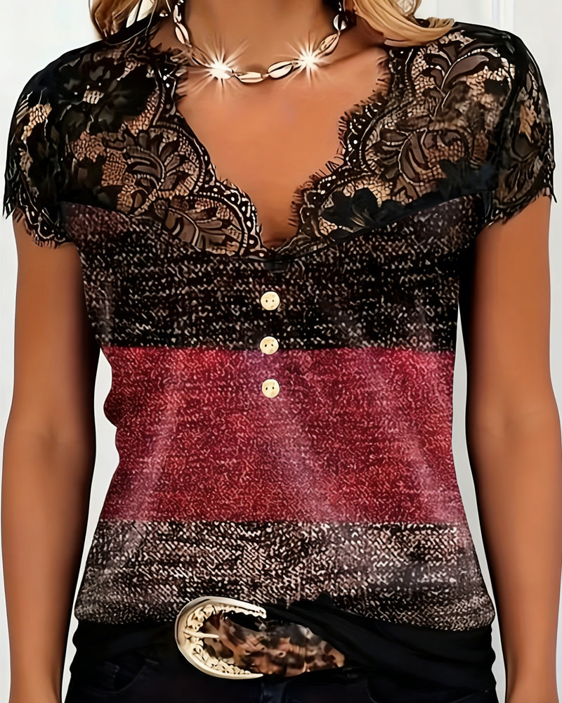 Elsa | V-Neck T-Shirt with Lace and Colour Patchwork