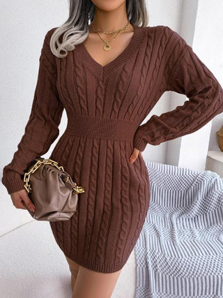 HOLLY™ - Cozy Long-Sleeve V-Neck Cable Knit Sweater Dress