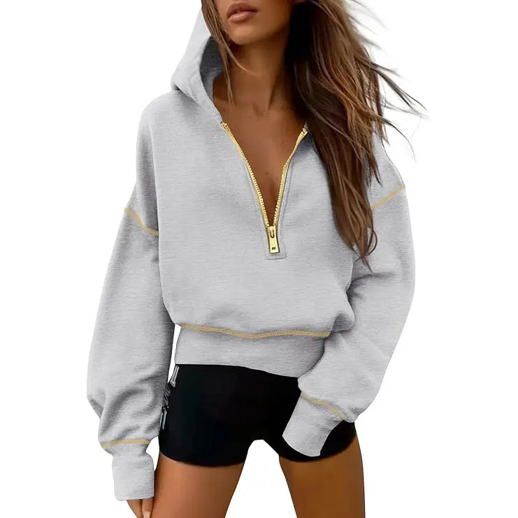 GRETEL™ - Cropped Hooded Pullover Sweatshirt with Zipper & Stitching Detail