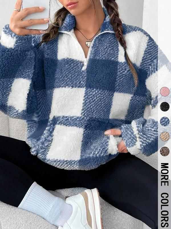 SAVANNAH™ - Stylish Plaid Print Half-Zip Long-Sleeve Sweatshirt