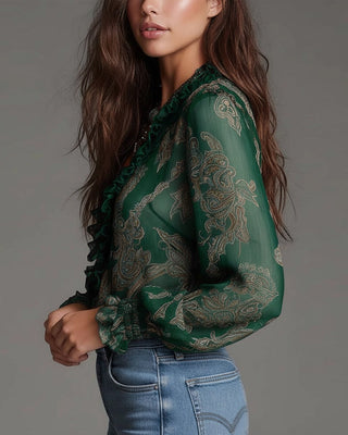 Demi-Zip Ruffled Retro Blouse