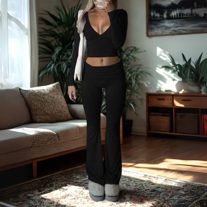 SINA™ - Casual V-Neck Long-Sleeve Crop Top and Pants Set