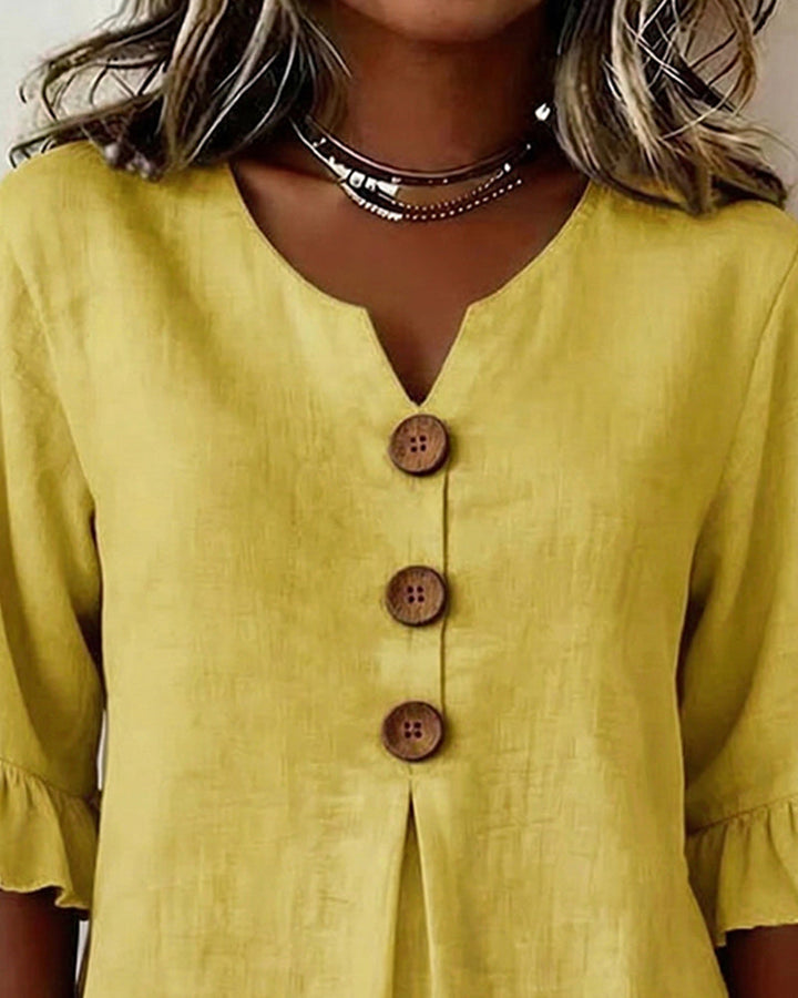 Mariana | V-Neck Blouse with Wooden Buttons and Ruffled Sleeves