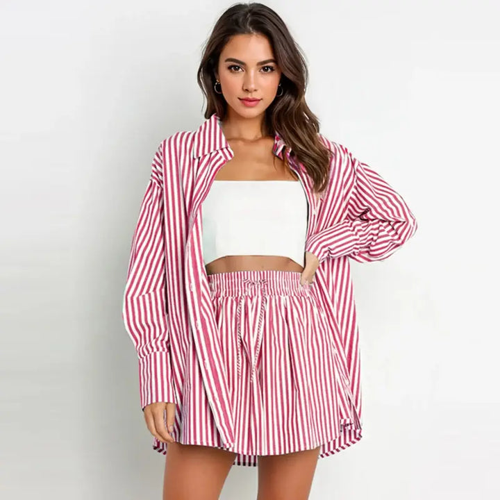 TIFY™ - Chic Striped Collared Shirt and Wide-Leg Shorts Set
