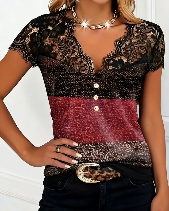 Elsa | V-Neck T-Shirt with Lace and Colour Patchwork