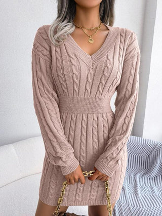 HOLLY™ - Cozy Long-Sleeve V-Neck Cable Knit Sweater Dress