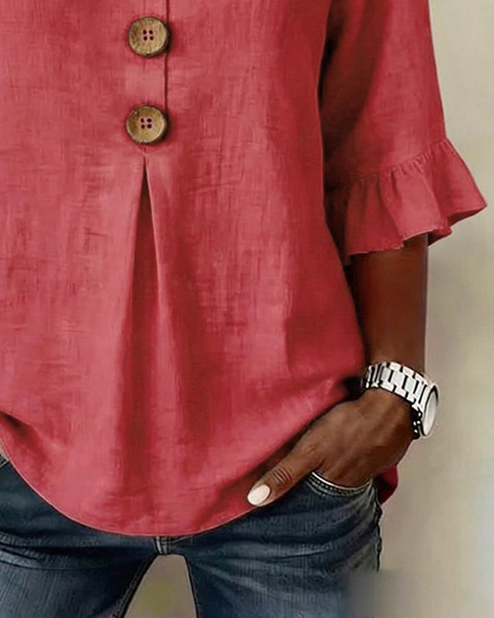 Mariana | V-Neck Blouse with Wooden Buttons and Ruffled Sleeves