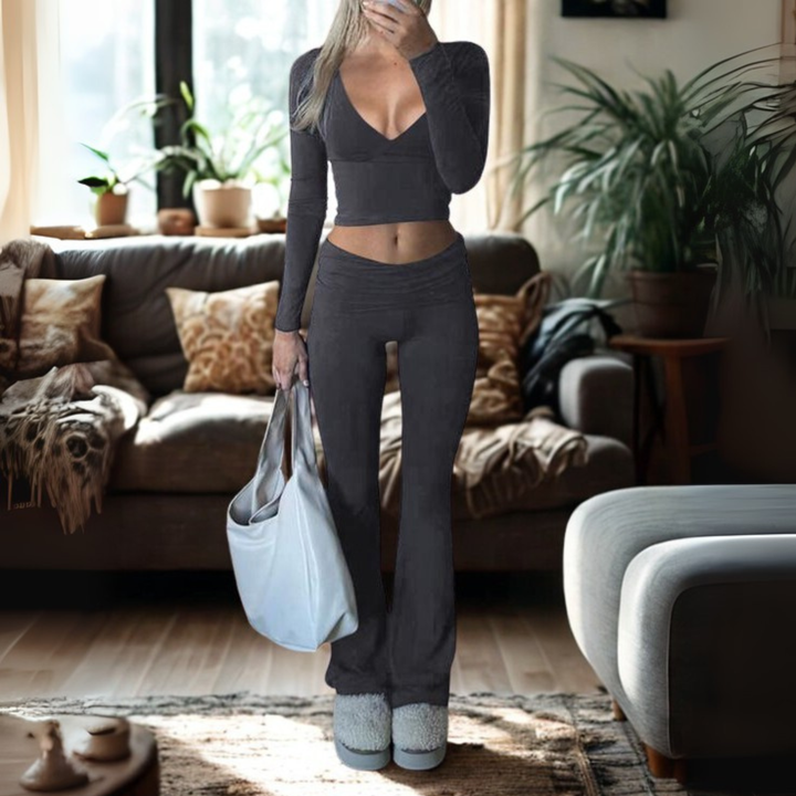 SINA™ - Casual V-Neck Long-Sleeve Crop Top and Pants Set