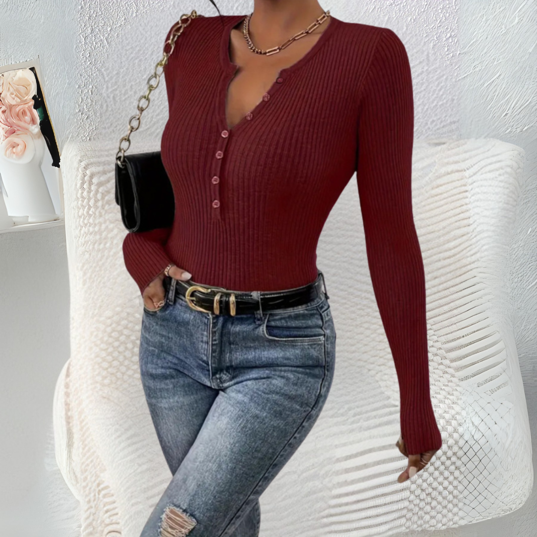 ESTEFANIA™ - Everyday Button-Front Long-Sleeve Top