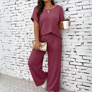 WAUNA™ - Casual Plus Size Short-Sleeve Top and Pants Set