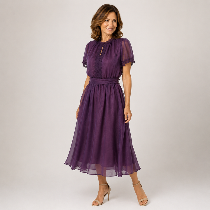 FLAVIA | Maxi Dress with Keyhole Neckline and Chiffon Lace Trim