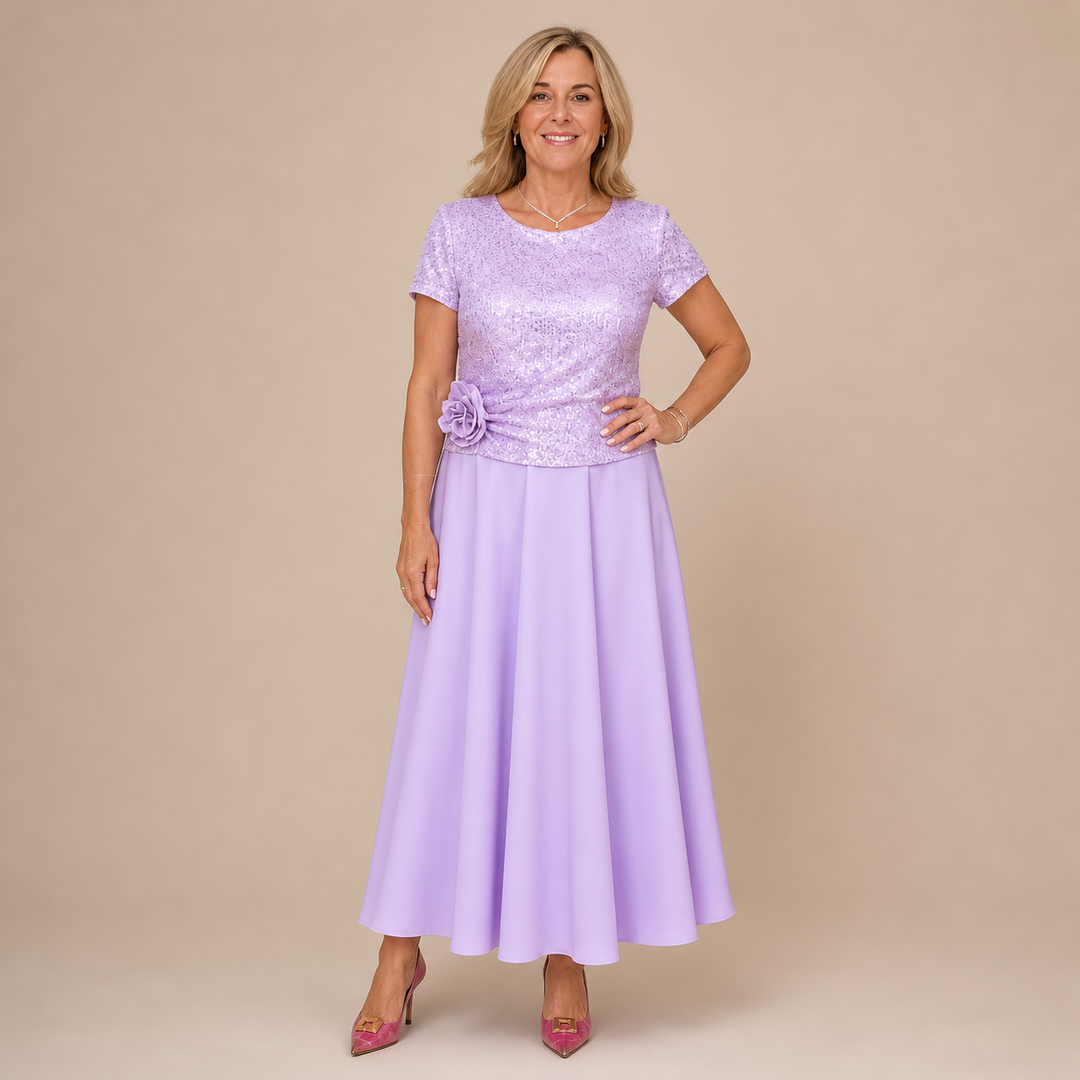 RENATA | Short-Sleeved Dress with Sequin Floral Bodice