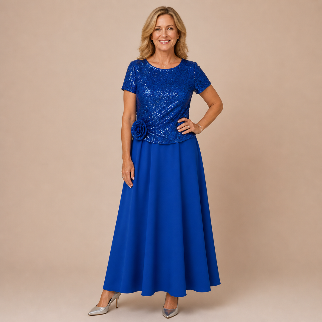 RENATA | Short-Sleeved Dress with Sequin Floral Bodice