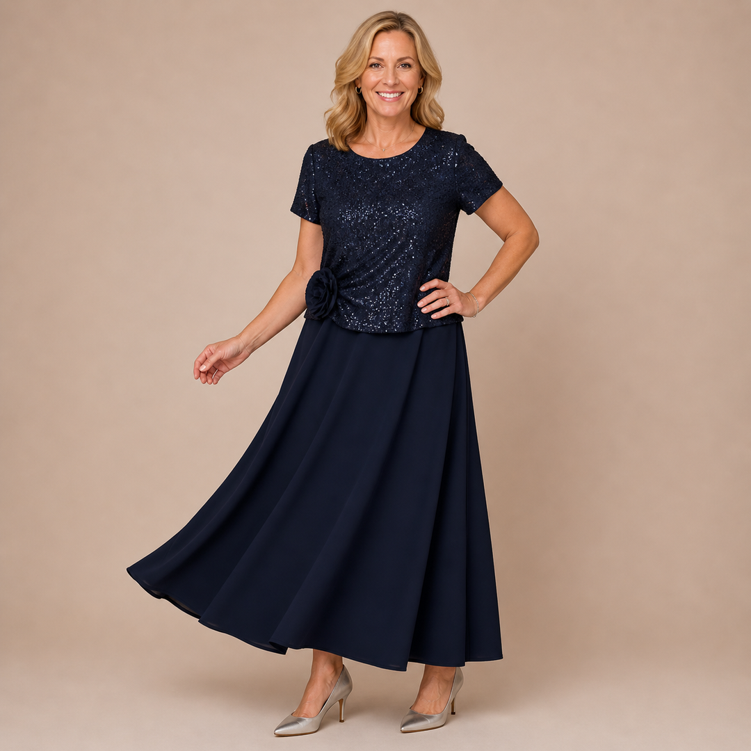 RENATA | Short-Sleeved Dress with Sequin Floral Bodice