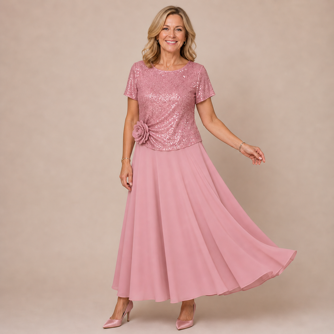 RENATA | Short-Sleeved Dress with Sequin Floral Bodice