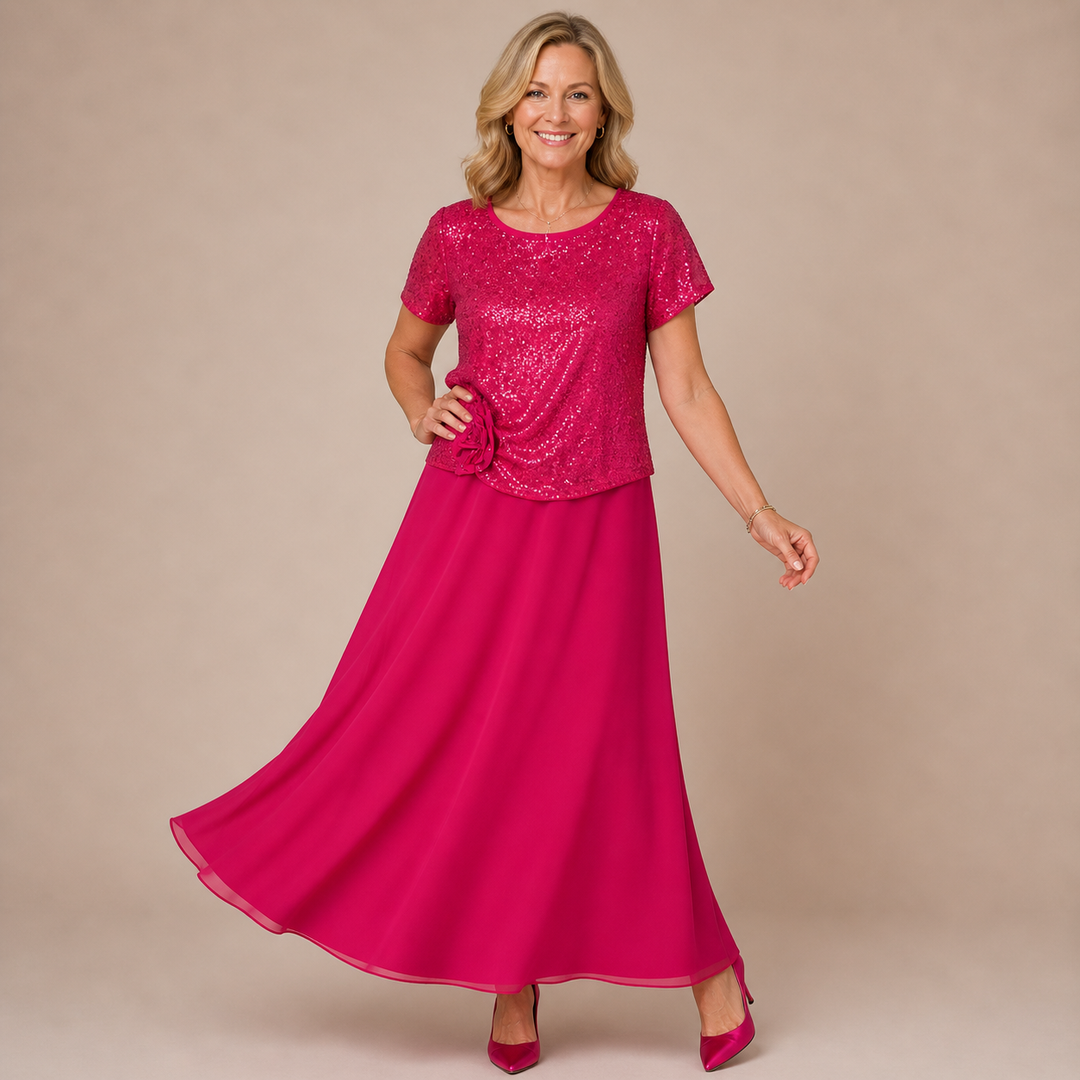 RENATA | Short-Sleeved Dress with Sequin Floral Bodice