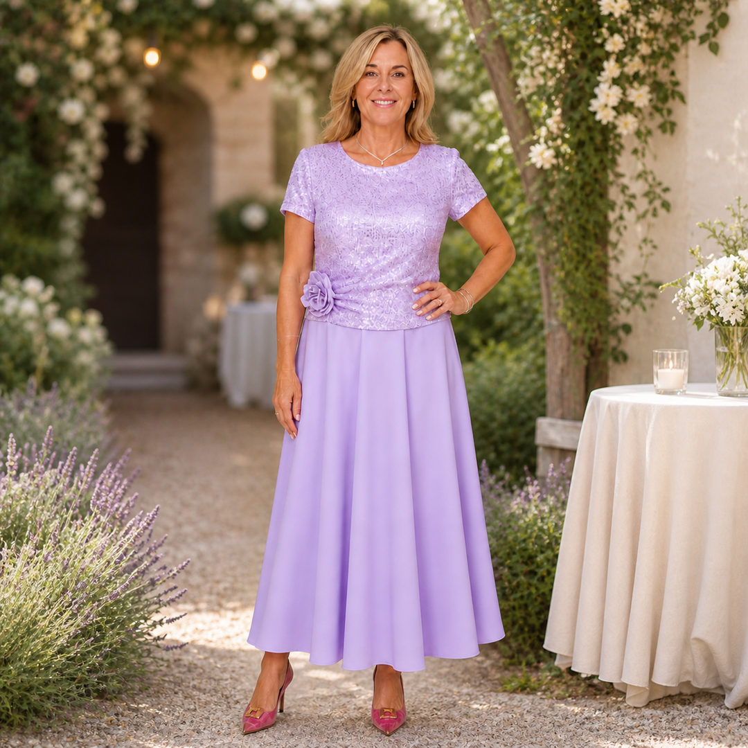 RENATA | Short-Sleeved Dress with Sequin Floral Bodice