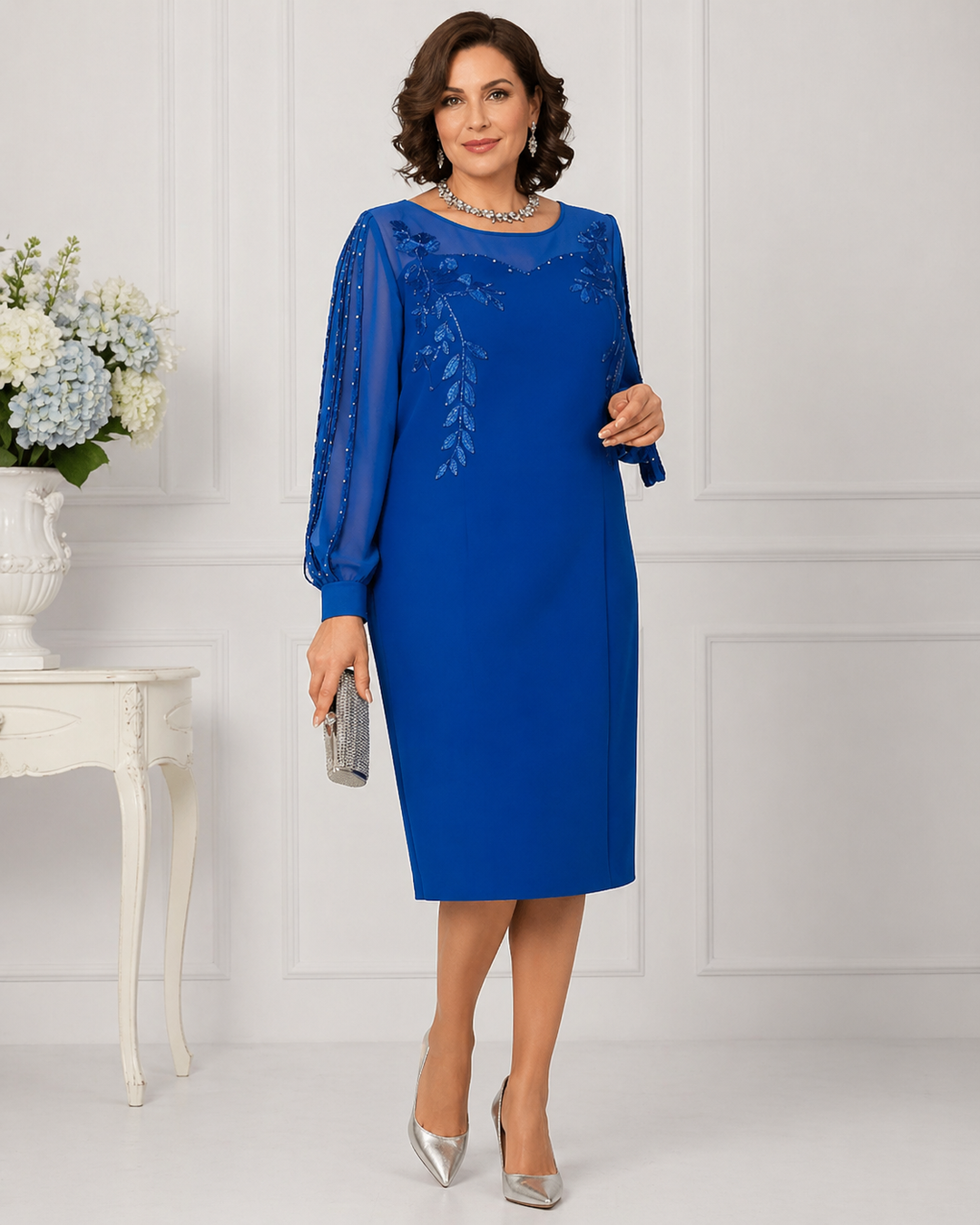 Helena | Elegant Knee-Length Dress with Sheer Sleeves