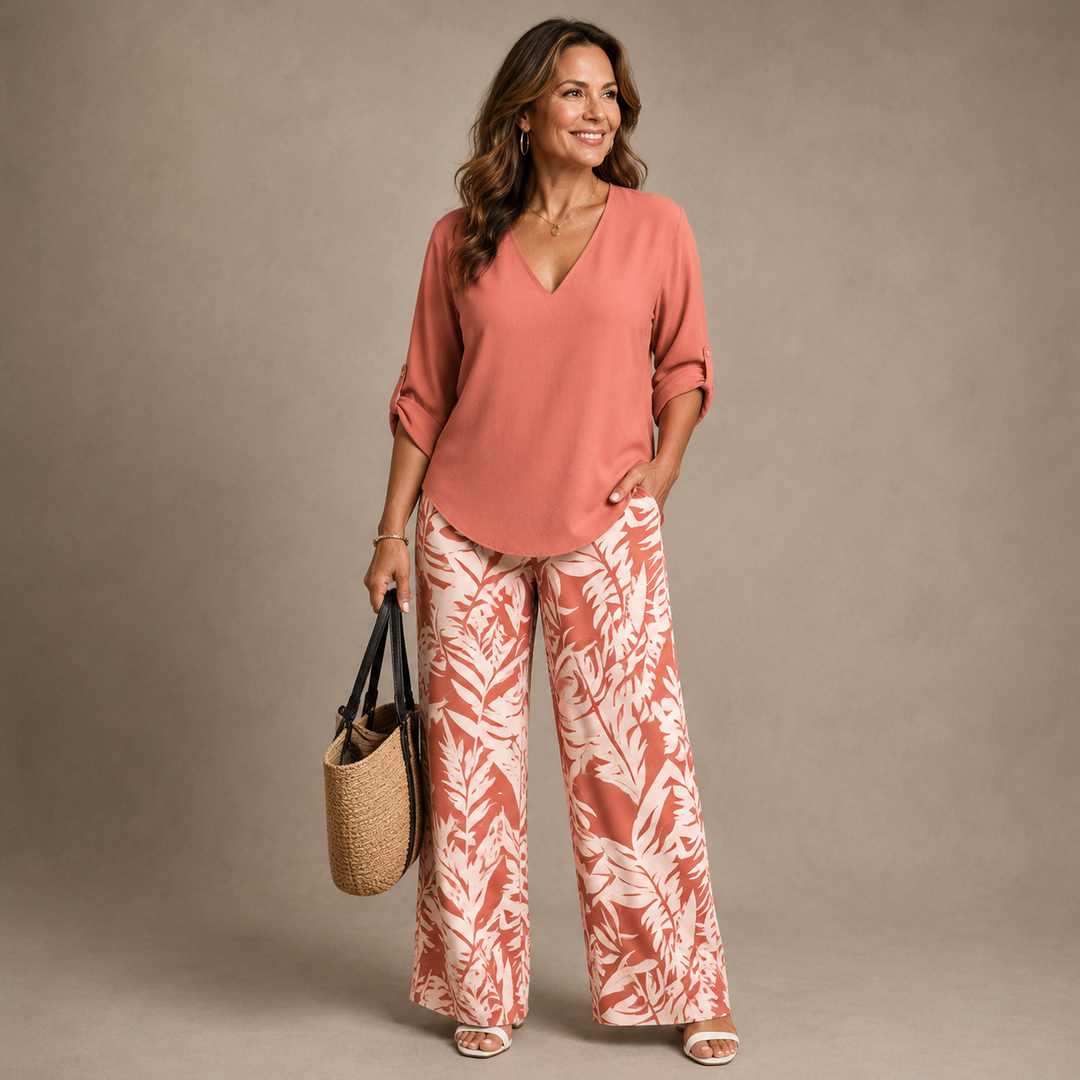 Liwia™ | V-Neck Top and Printed Trousers