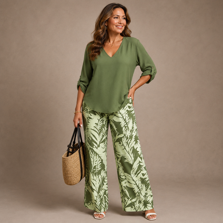 Liwia™ | V-Neck Top and Printed Trousers