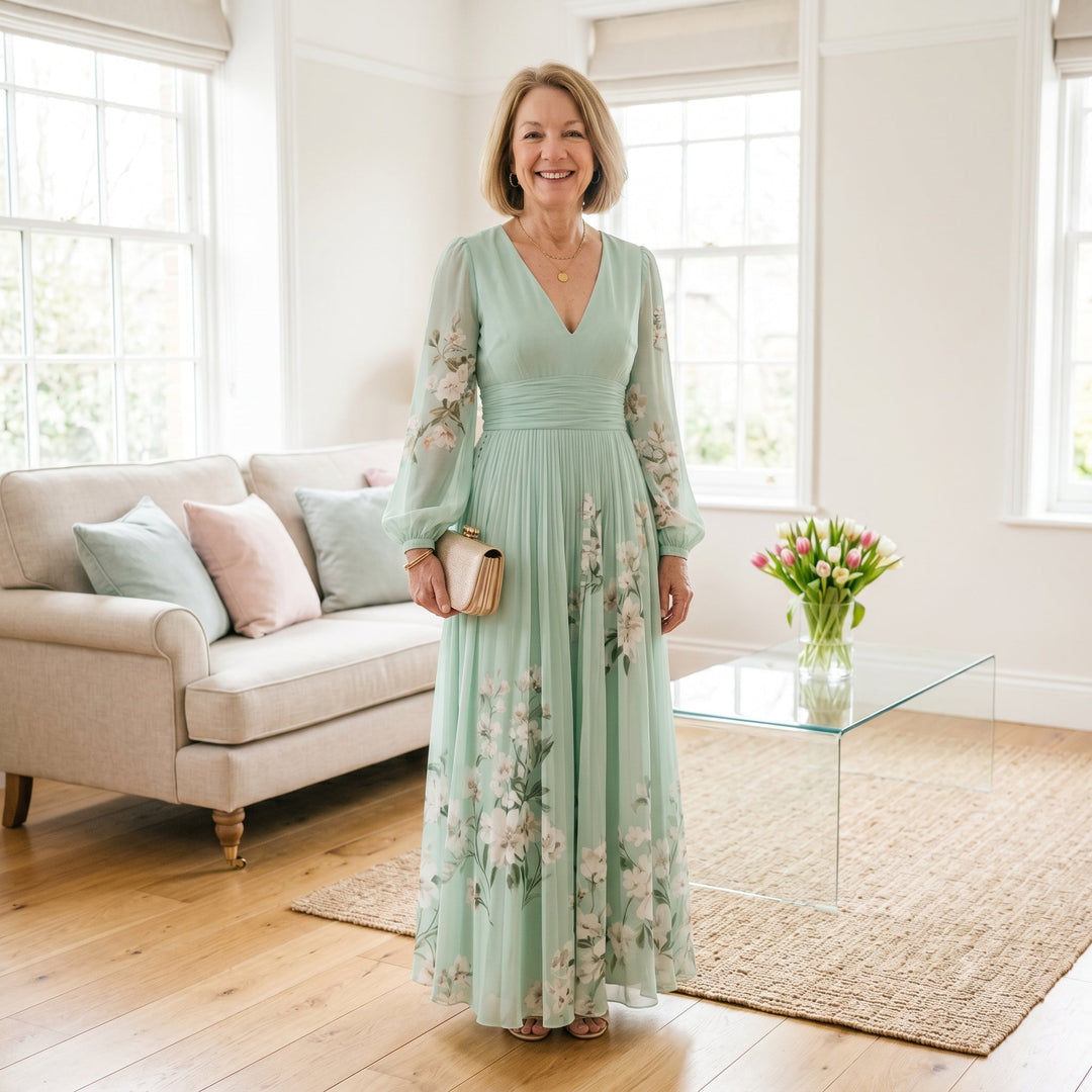 Seraphina | Mint Bloom Pleated Maxi Dress