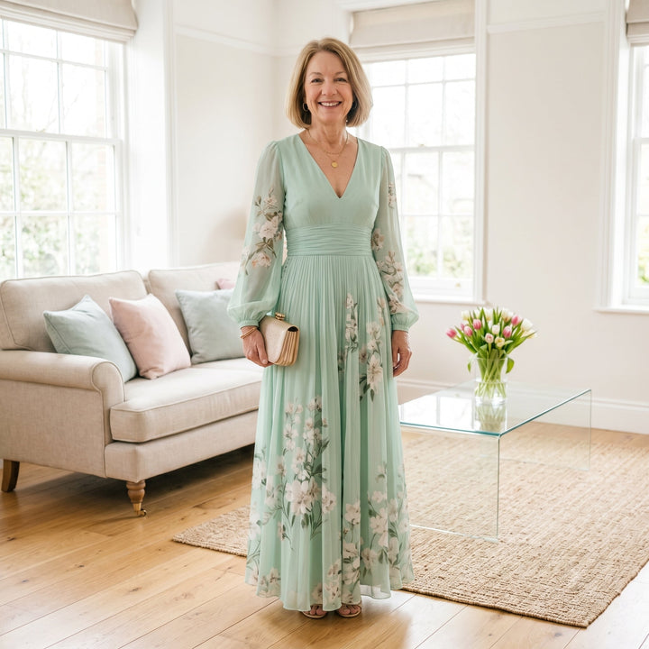 Seraphina | Mint Bloom Pleated Maxi Dress