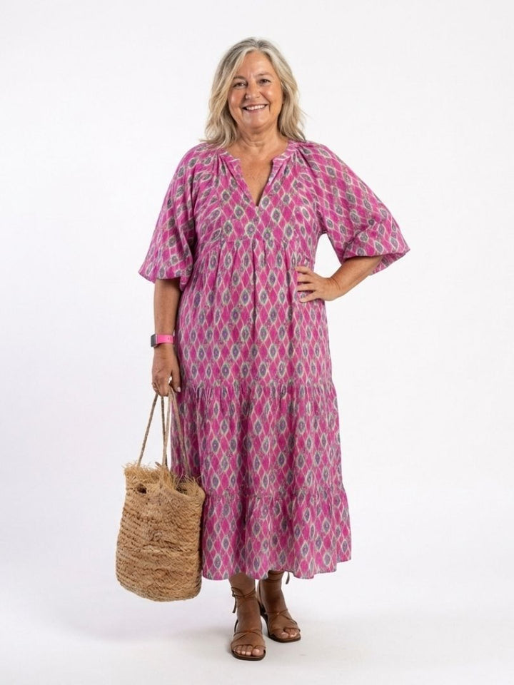 APOLLINE™ | Three Quarter Sleeve V-Neck Patterned Midi Dress