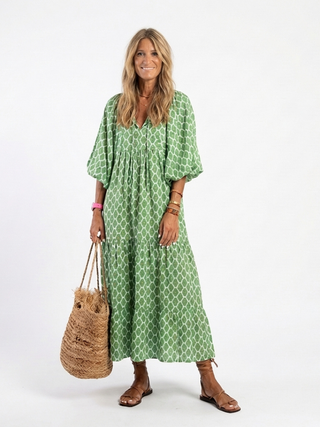 APOLLINE™ | Three Quarter Sleeve V-Neck Patterned Midi Dress
