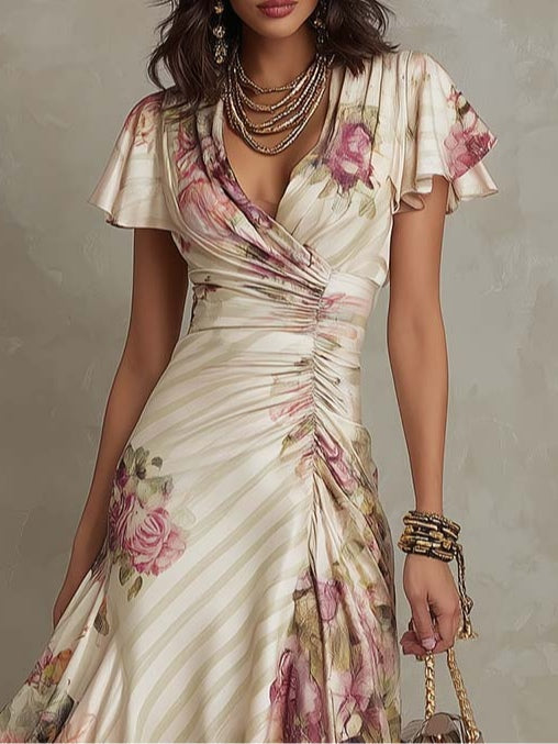 ALBA™ | Elegant Retro Satin Midi Dress with Floral Print