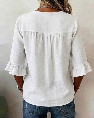 Mariana | V-Neck Blouse with Wooden Buttons and Ruffled Sleeves