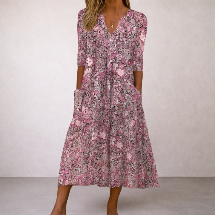 HARLOW™ | Graceful V-Neck Elegance Midi Dress