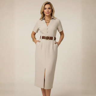 NADINE | Elegant Tailored Midi Dress with Belt and Front Slit