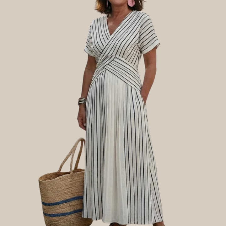 CRESSIDA™ | V-Neck Short-Sleeve Cross Waist Midi Dress